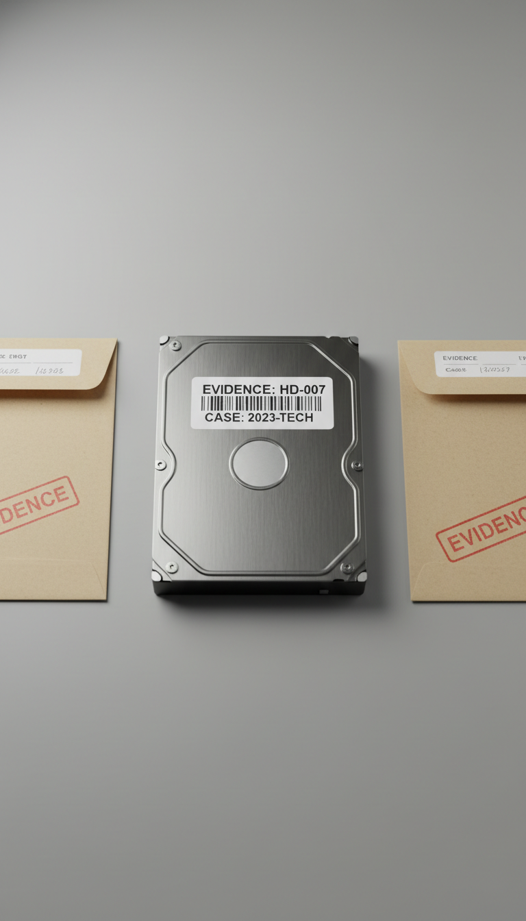 A high-resolution close-up of a sleek, silver digital hard drive with a clear, brushed metal texture and distinctive forensic barcode label affixed to the surface. The device is precisely placed at the center of a pristine, matte grey desktop, flanked by minimalist, neatly arranged evidence envelopes. Ambient soft studio lighting washes gently over the surfaces, creating subtle highlights and smooth, gentle shadows. The atmosphere is highly professional and orderly, evoking reliability and meticulous attention to detail. Captured from an eye-level, centered composition with sharp focus and a crisp, photographic realism, the image expresses a clean, corporate aesthetic—ideal for conveying digital forensics expertise.