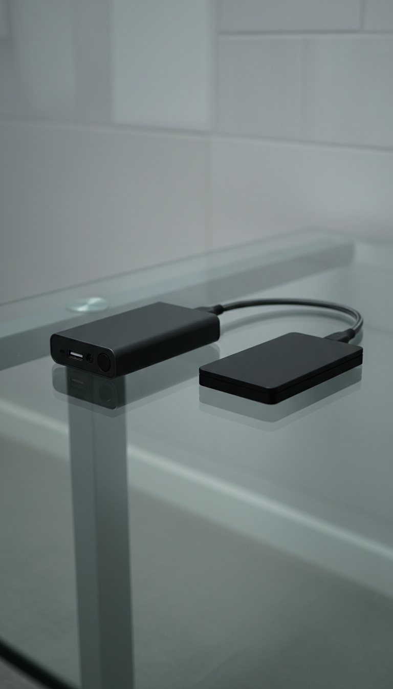 A precision-forged, dark matte USB forensic write blocker connected securely to an unbranded, sealed black solid-state drive, set atop a gleaming tempered glass workstation. The glass surface reflects the devices minimally, enhancing the sense of structure and order. Diffused cool artificial light illuminates the scene, leaving crisp shadows under each object and creating a calm, analytical mood. Shot from a low side angle, the composition features clean lines and strong symmetry, emphasizing technical accuracy and professionalism. The overall style is minimalistic yet striking, channeling the modern, neutral-toned visuals of a high-end corporate digital forensics firm.