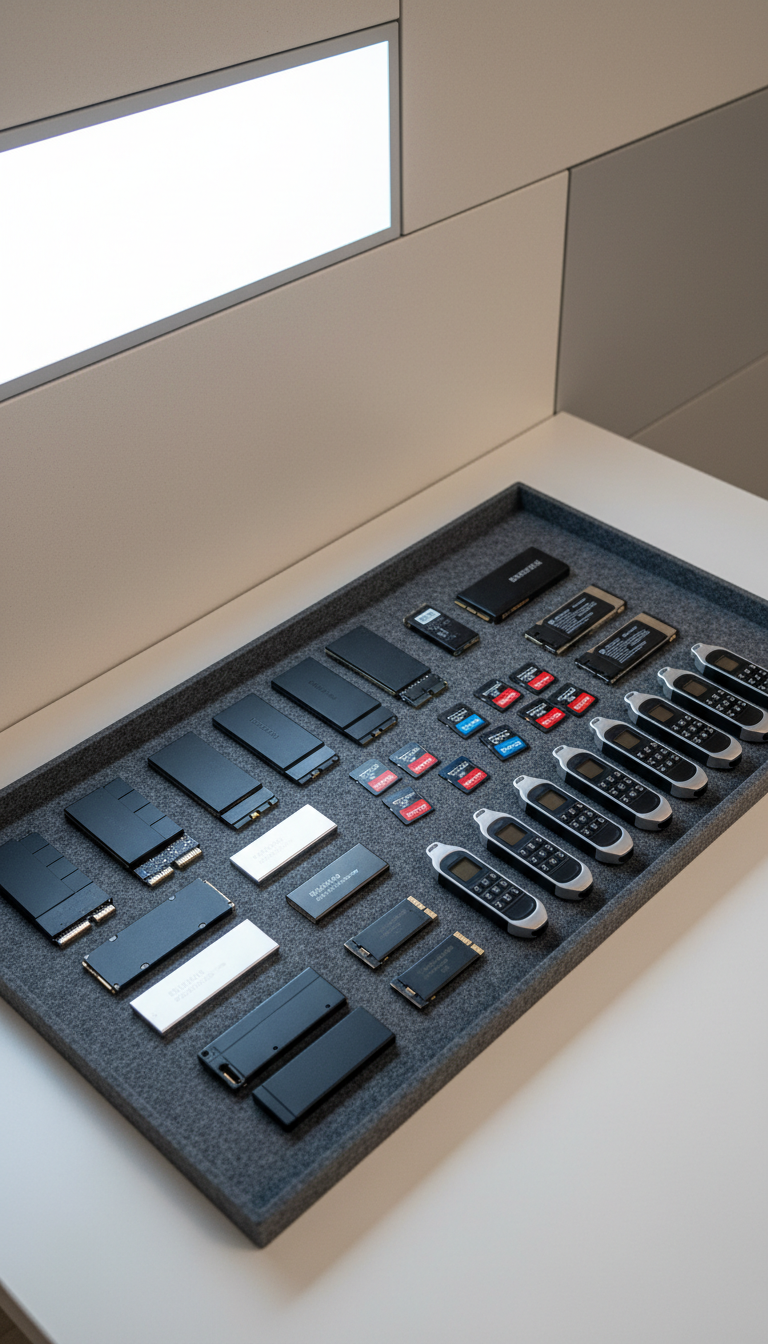 A composed arrangement of compact digital storage devices—solid-state drives, microSD cards, and encrypted USB sticks—neatly aligned on a soft charcoal-colored felt tray, set against a backdrop of smooth, neutral-toned office wall panels. The tray is placed at an oblique angle under indirect, cool-white overhead panel lighting that casts gentle, diffuse shadows and enhances tonal gradations. The mood is methodical and secure, bolstering trust in forensic data handling. Captured from a bird's eye view, the image is well-balanced within the frame, following clean, structured photographic lines that align with a polished, business-driven aesthetic.