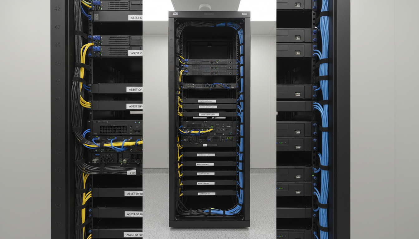 A structured, secure server rack unit with matte black finish and discreetly numbered bays, contextually isolated within a tidy, neutral-toned data center room. The rack is meticulously cable-managed, with neat routing and visible asset tags. Overhead, balanced artificial lighting casts soft, even illumination with no harsh shadows, showcasing the orderliness and sophistication of the facility. The mood communicates security and stability, essential for presenting defensible digital forensics infrastructure. Photographed straight-on with sharp focus throughout and a vertically aligned composition, the image embodies a clean, modern, and highly professional visual narrative.