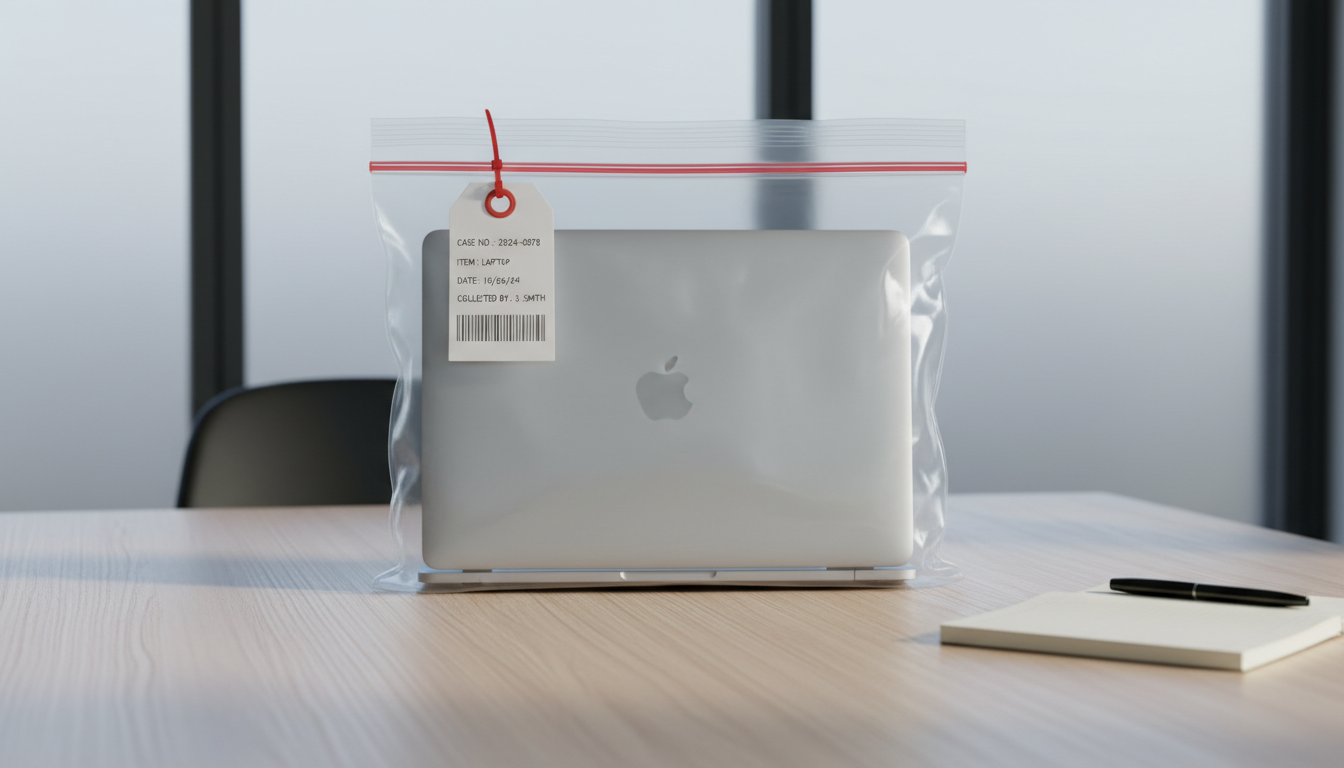 A transparent, anti-static evidence bag containing a pristine laptop, clearly labeled with a white forensic chain-of-custody tag, resting on a pale oak meeting table. The bag’s surface catches soft, natural light streaming through a frosted glass window, creating gentle highlights and subdued reflections. On the table, a minimalist notepad and pen are visible at a slight blur, reinforcing the context of careful documentation. The overall atmosphere is calm and authoritative, conveying the professionalism of data preservation for legal proceedings. Shot from a slightly elevated, centered angle, the composition is clean and balanced, representing structured corporate environments in a realistic photographic style.