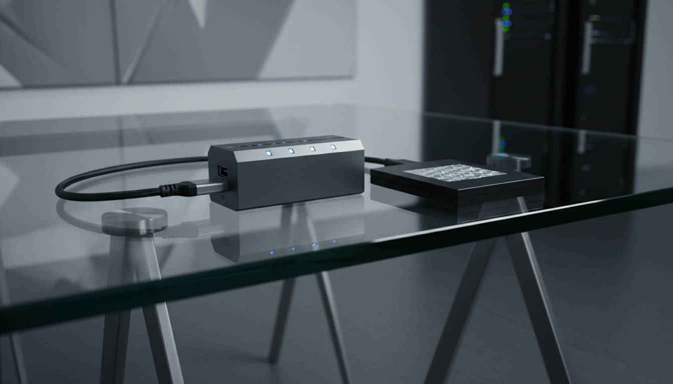 A precision-forged, dark matte USB forensic write blocker connected securely to an unbranded, sealed black solid-state drive, set atop a gleaming tempered glass workstation. The glass surface reflects the devices minimally, enhancing the sense of structure and order. Diffused cool artificial light illuminates the scene, leaving crisp shadows under each object and creating a calm, analytical mood. Shot from a low side angle, the composition features clean lines and strong symmetry, emphasizing technical accuracy and professionalism. The overall style is minimalistic yet striking, channeling the modern, neutral-toned visuals of a high-end corporate digital forensics firm.