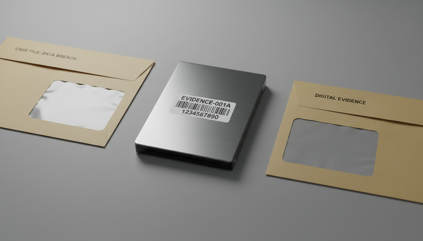 A high-resolution close-up of a sleek, silver digital hard drive with a clear, brushed metal texture and distinctive forensic barcode label affixed to the surface. The device is precisely placed at the center of a pristine, matte grey desktop, flanked by minimalist, neatly arranged evidence envelopes. Ambient soft studio lighting washes gently over the surfaces, creating subtle highlights and smooth, gentle shadows. The atmosphere is highly professional and orderly, evoking reliability and meticulous attention to detail. Captured from an eye-level, centered composition with sharp focus and a crisp, photographic realism, the image expresses a clean, corporate aesthetic—ideal for conveying digital forensics expertise.